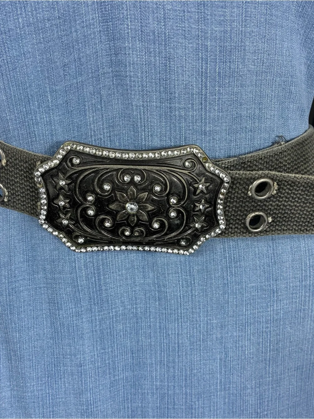 Womens belt 41” long floral buckle with rhinestones *some flaws, see all pics